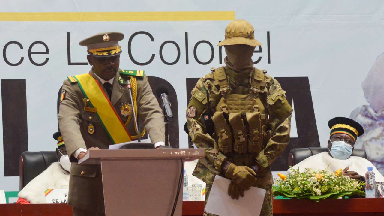 FILE PHOTO: Colonel Assimi Goita, leader of two military coups and new interim president, speaks during his inauguration ceremony in Bamako