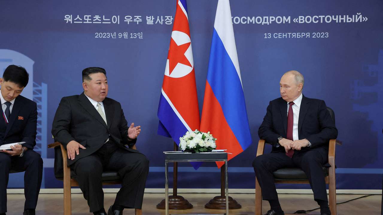 FILE PHOTO: Russia's President Putin and North Korea's leader Kim meet in Amur region