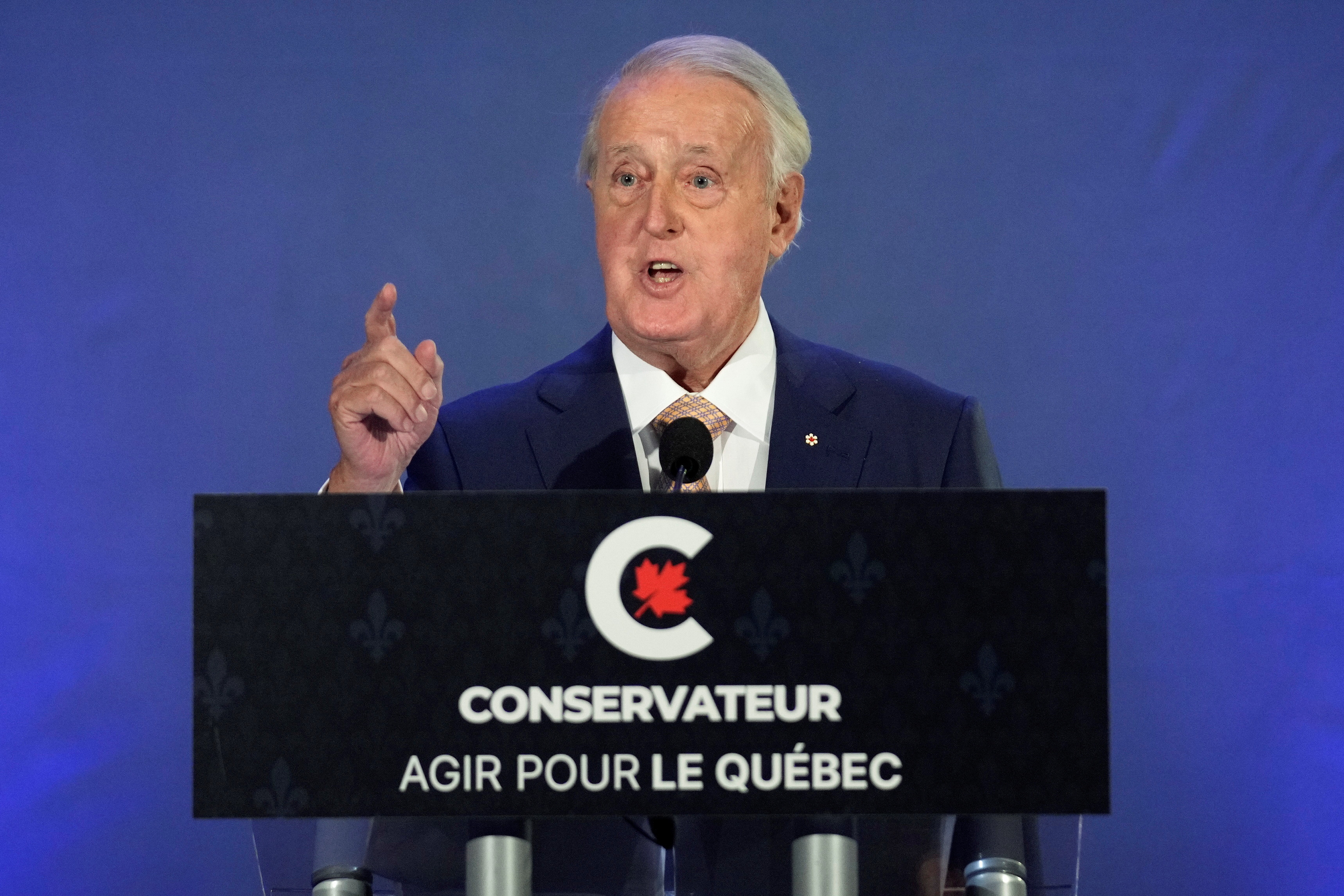 Former Canadian Prime Minister Brian Mulroney speaks during the election campaign tour of Canada's opposition Conservative party leader Erin O'Toole in Orford