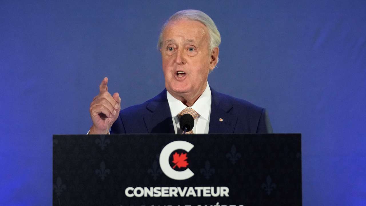 Former Canadian Prime Minister Brian Mulroney speaks during the election campaign tour of Canada's opposition Conservative party leader Erin O'Toole in Orford