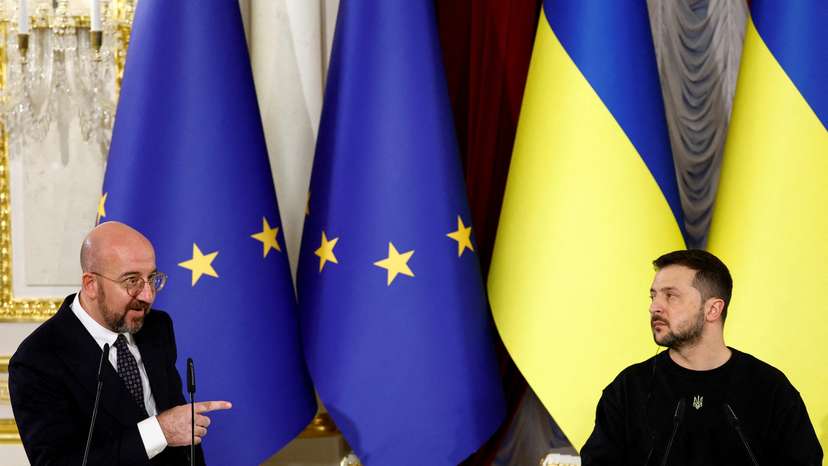 FILE PHOTO: Ukraine's President Zelenskiy, Moldova's President Sandu and President of the European Council Michel attend a joint press conference in Kyiv