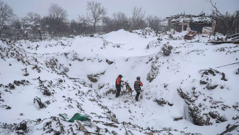 FILE PHOTO: Rescuers with a dog work at the site of a Russian missile strike in the town of Pokrovsk