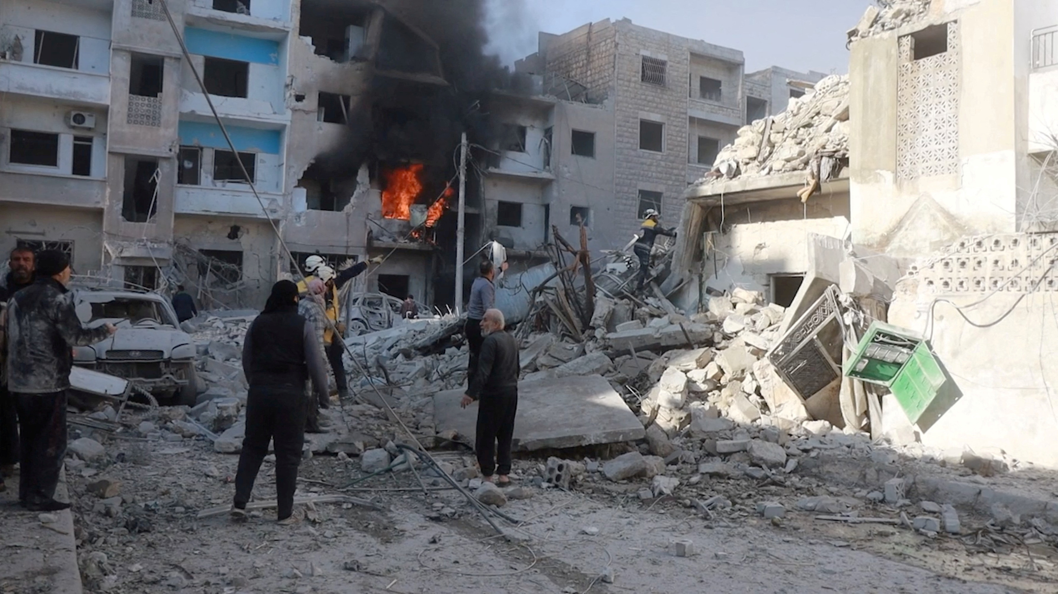 Aftermath of what the White Helmets say is a strike, at a location given as Idlib
