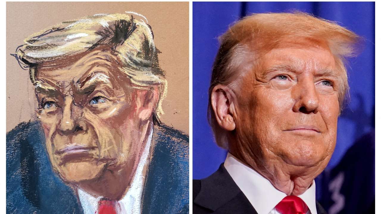 Former U.S. President Donald Trump in NYC court sketch and on the campaign trail in New Hamphire