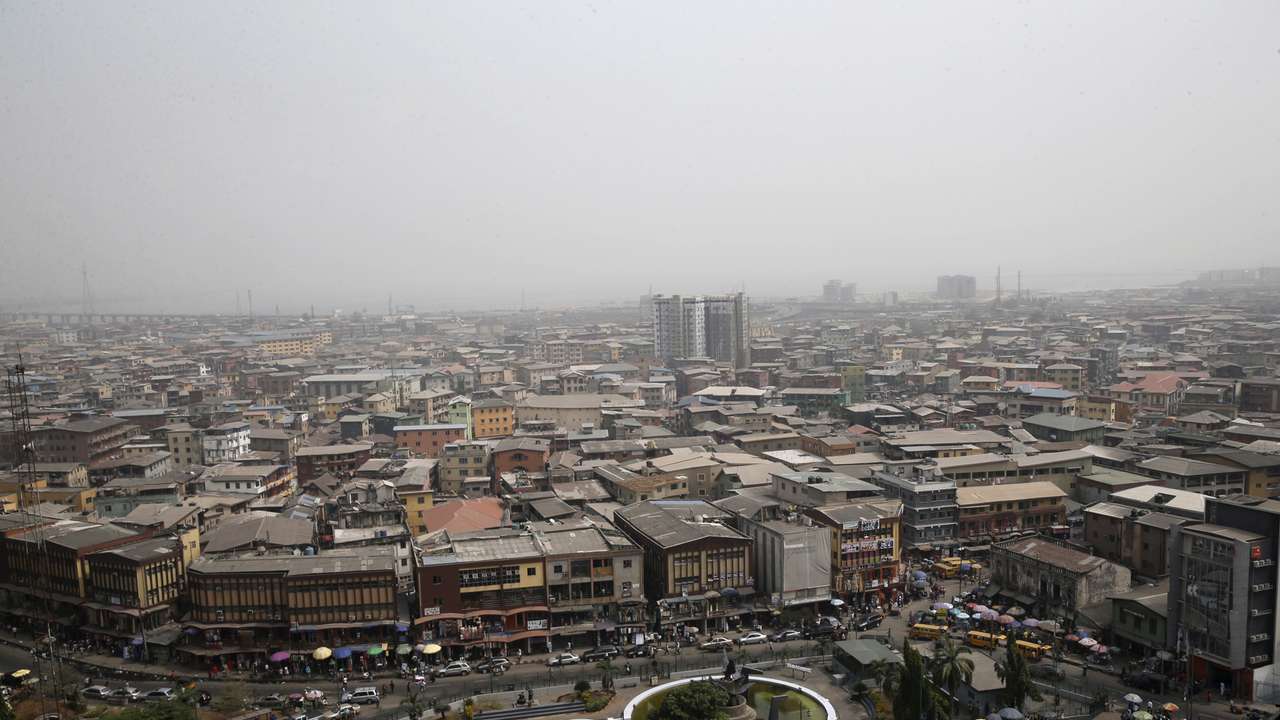 A view of the central business district is seen from a roof-top in Lagos