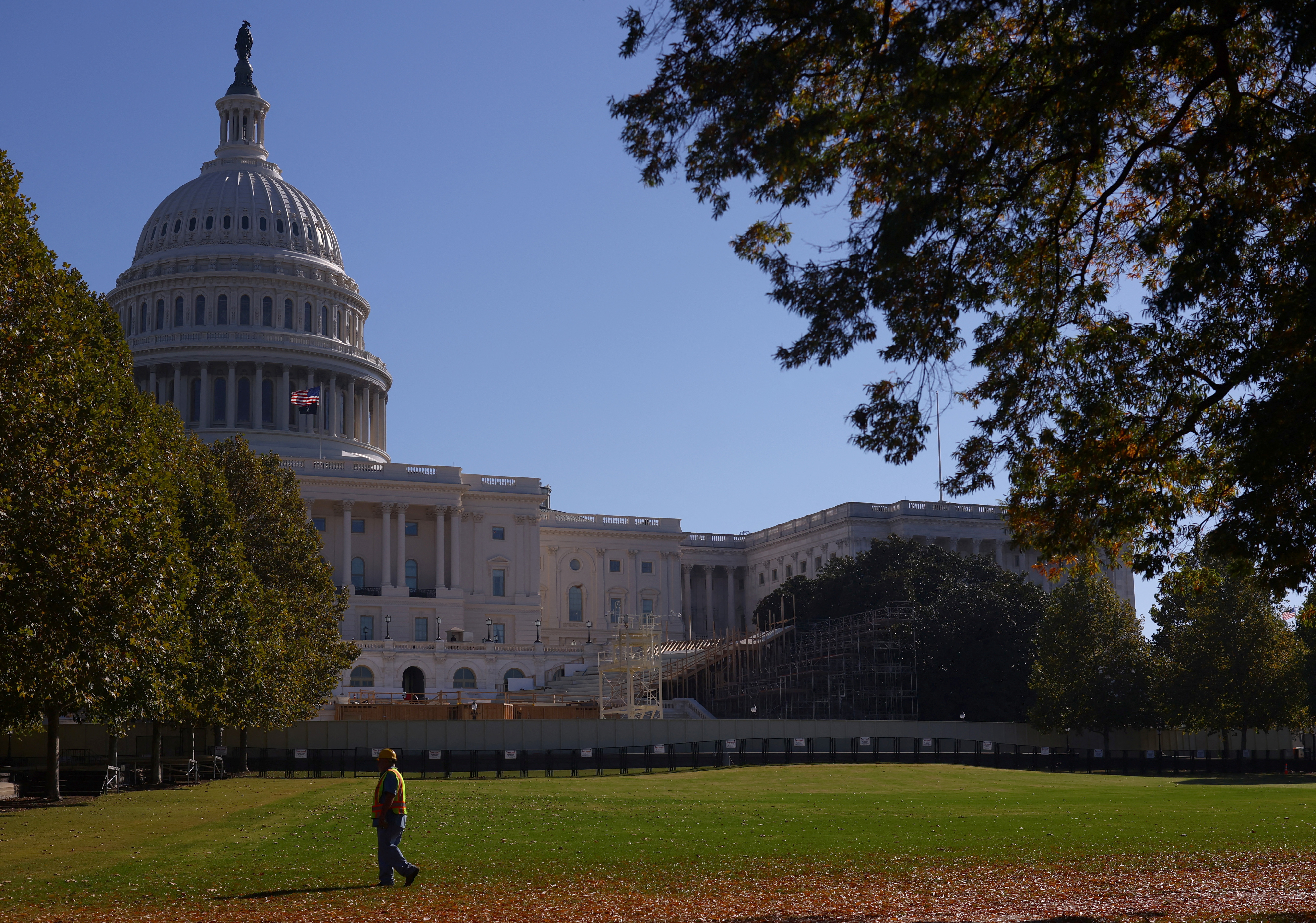 The inaugural platform is seen under construction in front of the U.S. Capitol building in Washington