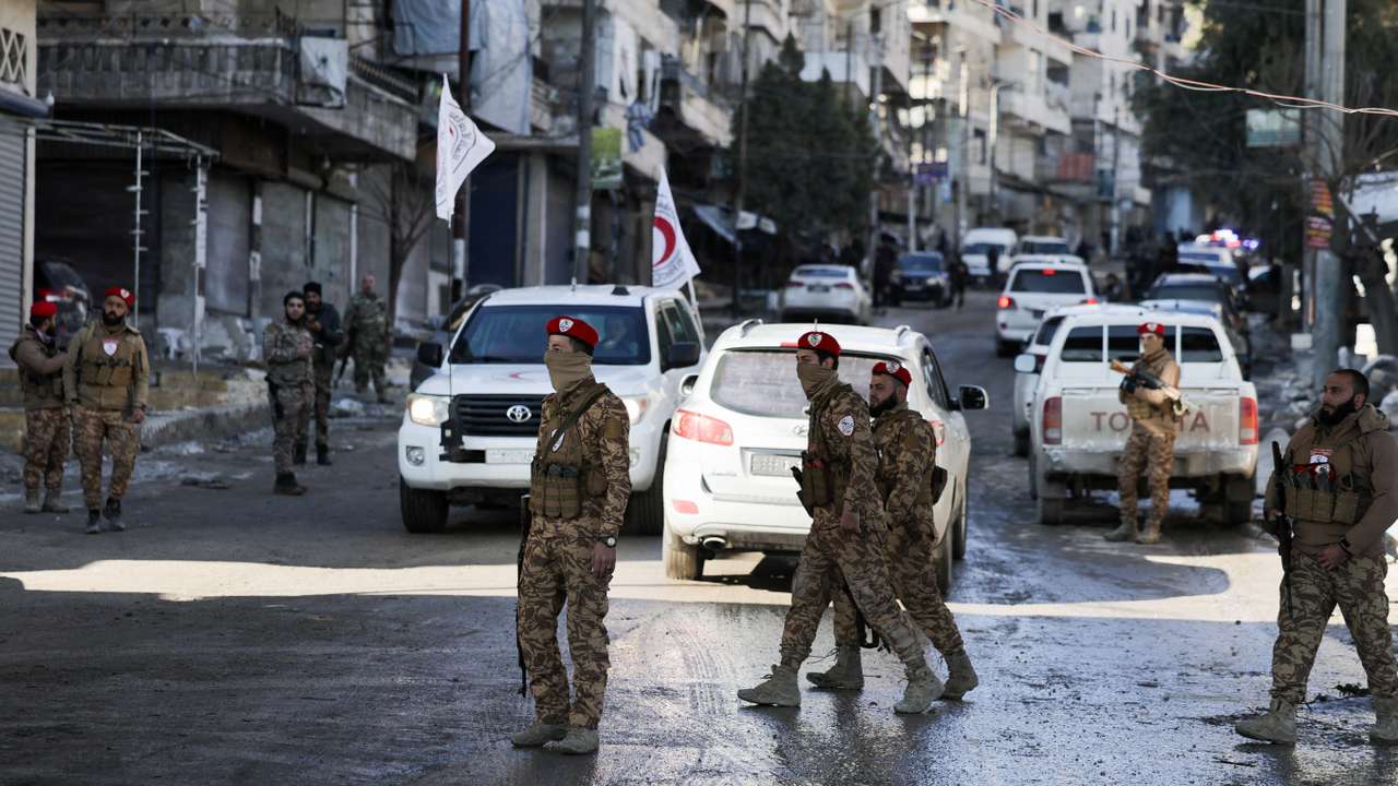 Members of the general security forces at the Sheikh Maksoud neighbourhood after taking control of the area, in Aleppo