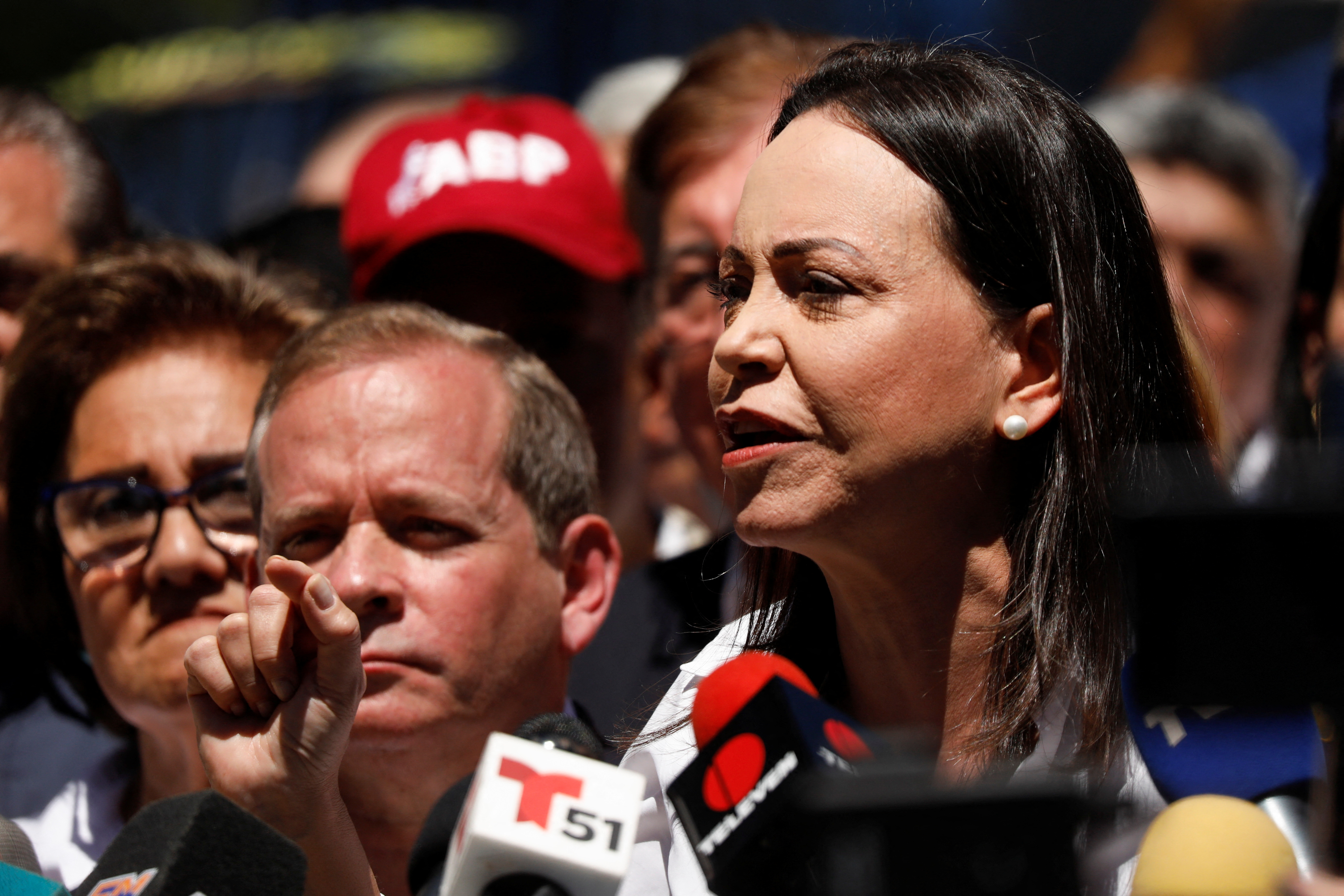 Venezuelan opposition presidential candidate Maria Corina Machado addresses the media, in Caracas