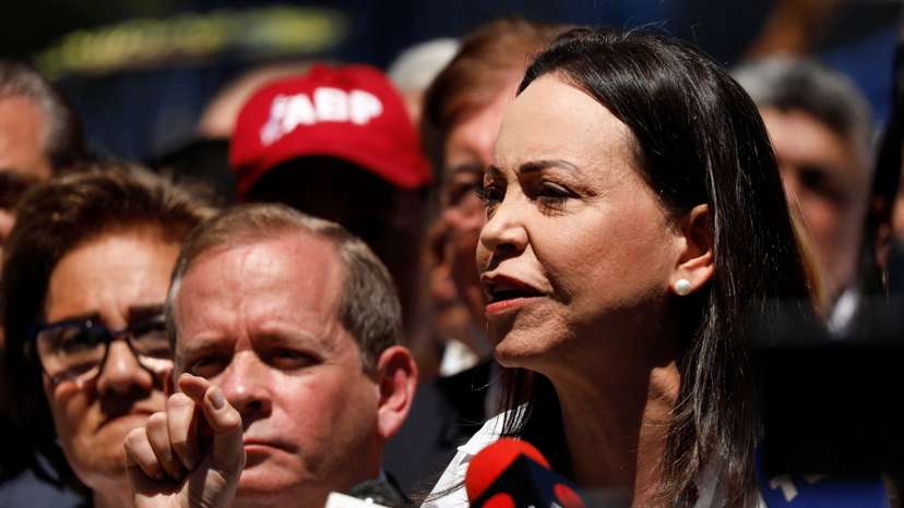 Venezuelan opposition presidential candidate Maria Corina Machado addresses the media, in Caracas