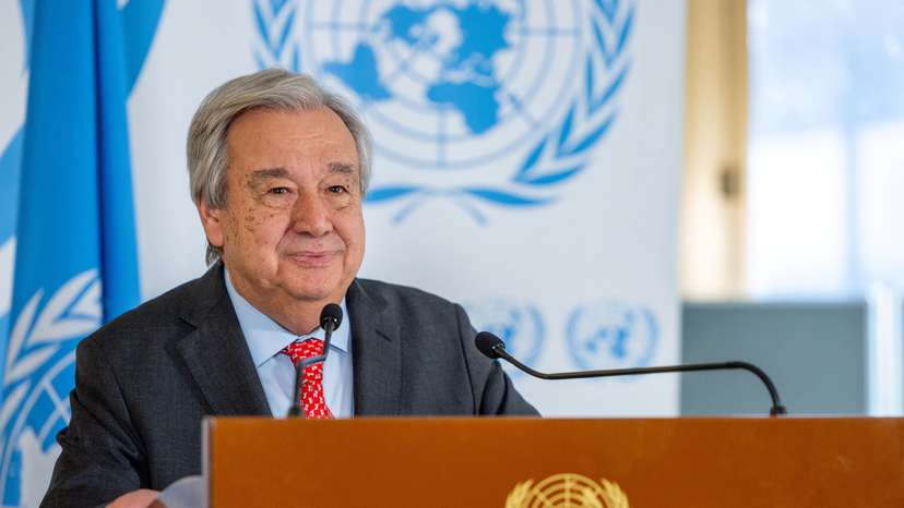 United Nations Secretary General Antonio Guterres speaks during a stake out at the Human Rights Council at the U.N. in Geneva