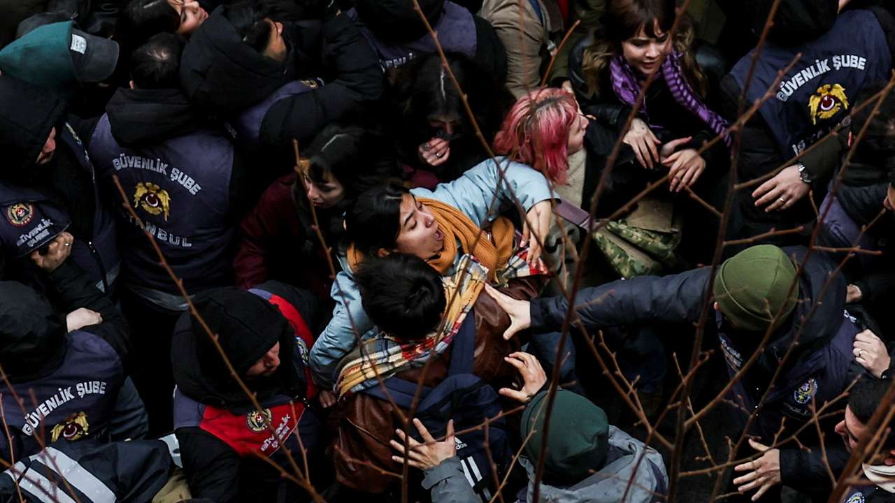 University students protest against the detention of Istanbul Mayor Ekrem Imamoglu, in Istanbul