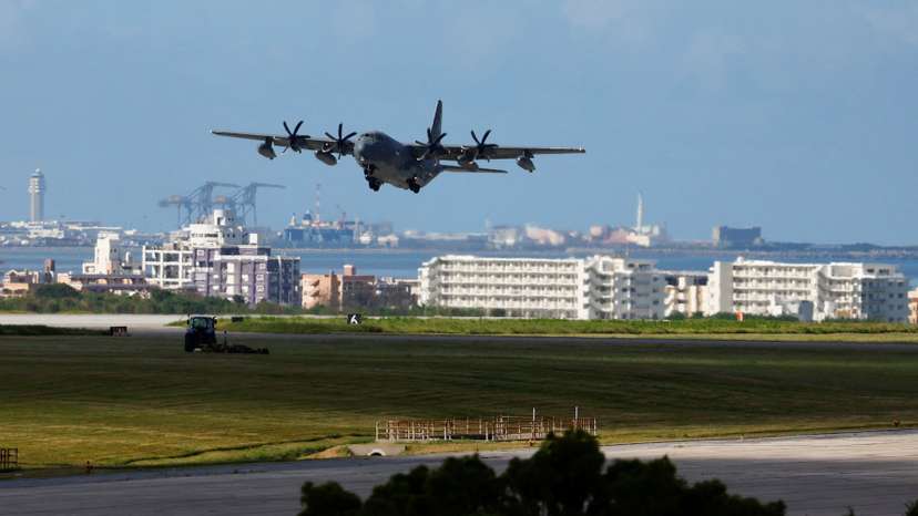 A U.S. military plane takes off at the Kadena U.S. Air Force Base in Kadena Town on the southern island of Okinawa, Japan