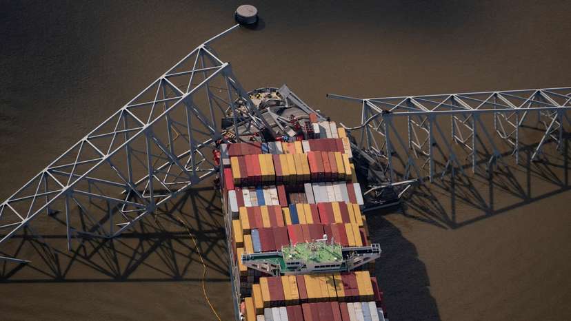 View of the Dali cargo vessel which crashed into the Francis Scott Key Bridge causing it to collapse in Baltimore, Maryland
