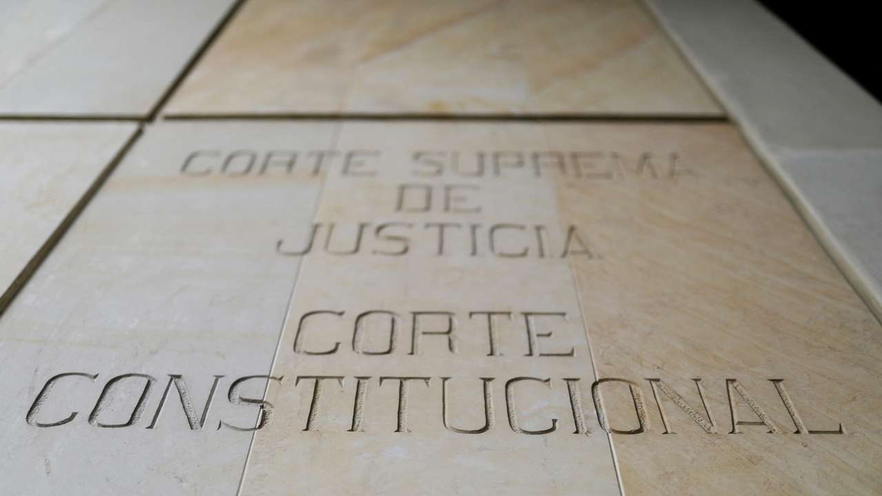 FILE PHOTO: A wall with the carved phrase that reads "Supreme Court of Justice, Constitutional Court" is seen on the facade of the Palace of Justice in Bogota