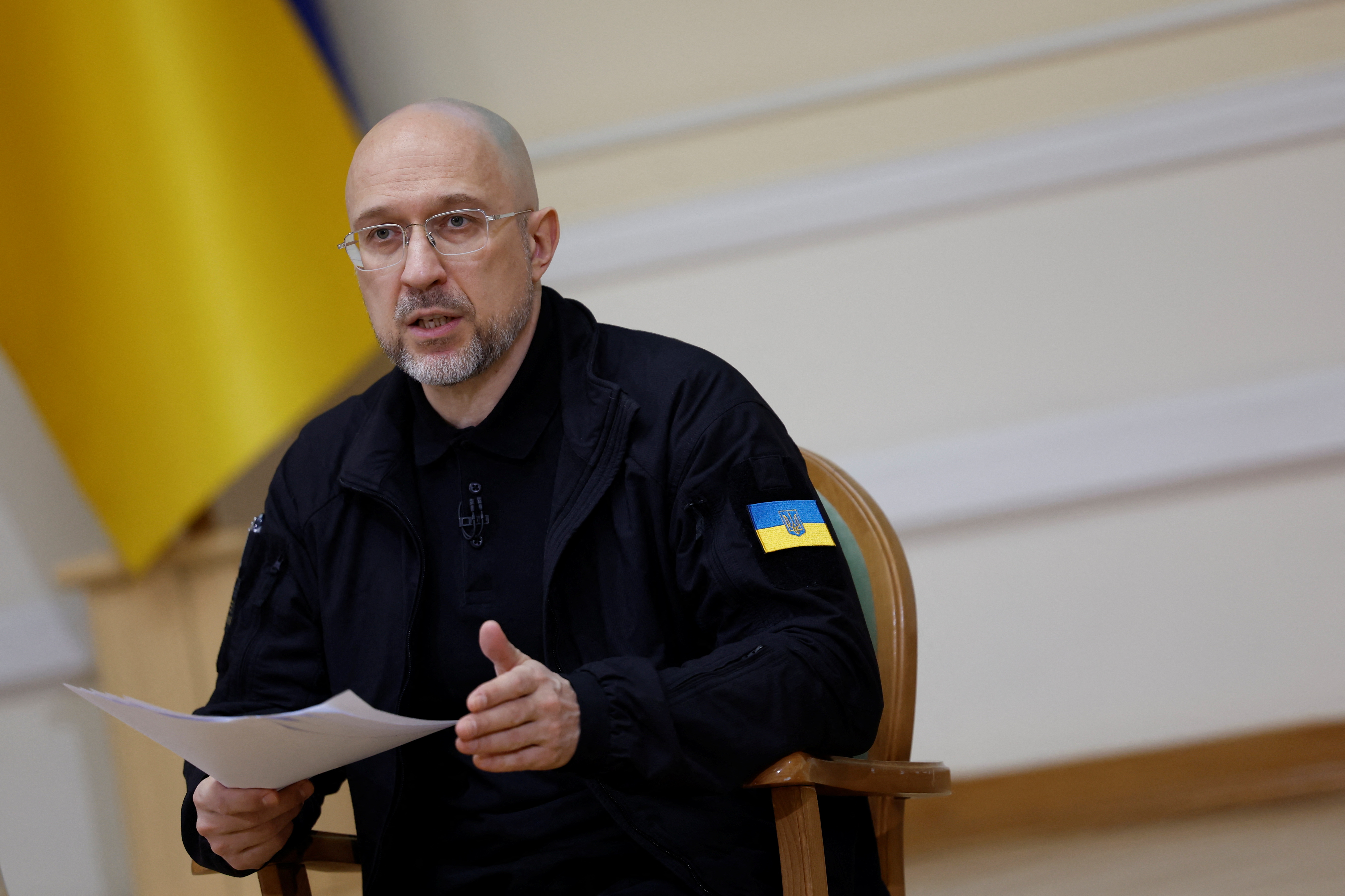 Ukraine's Prime Minister Denys Shmyhal holds a press conference in Kyiv