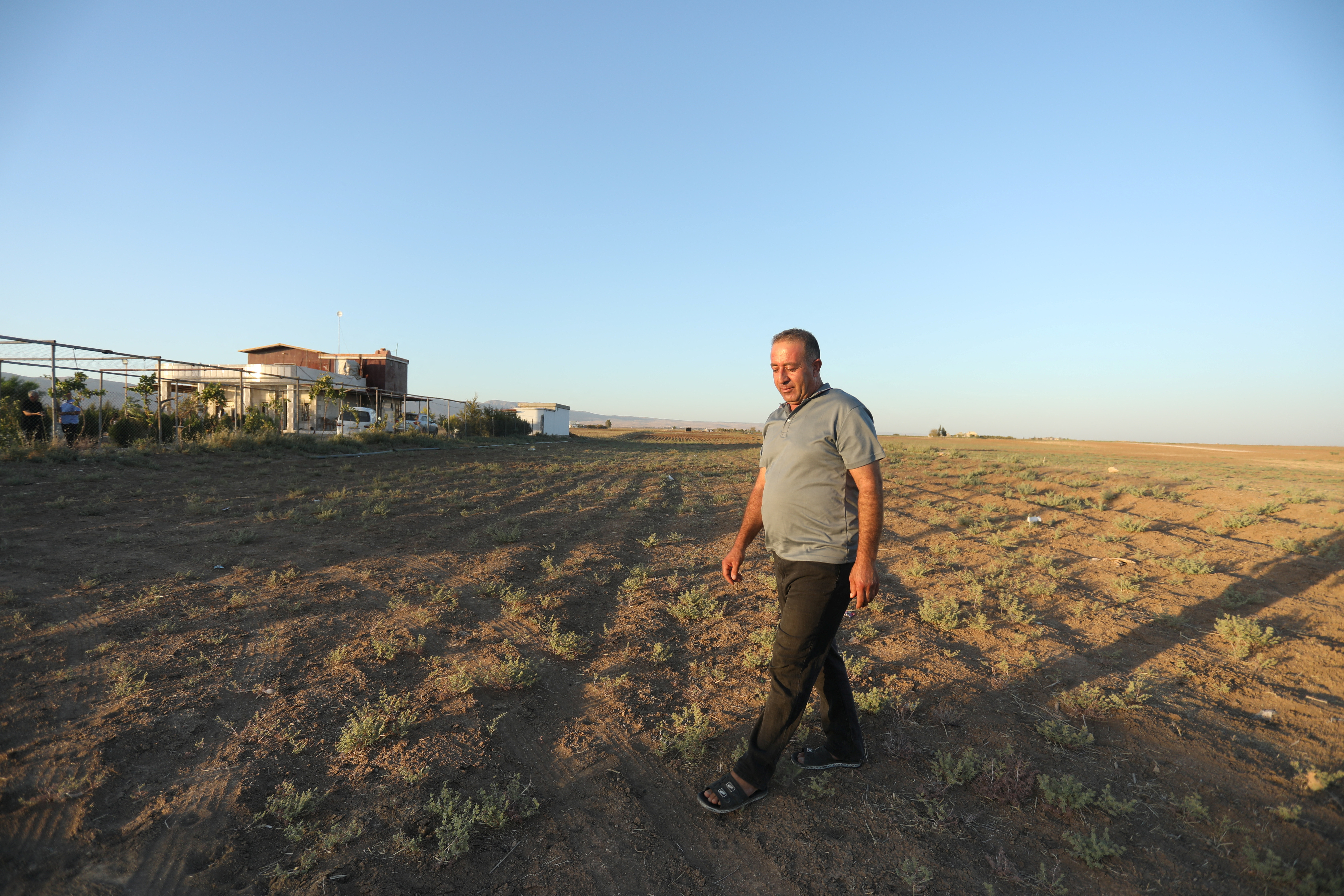 Abbas Othman walks in his dry land, in Qamishli