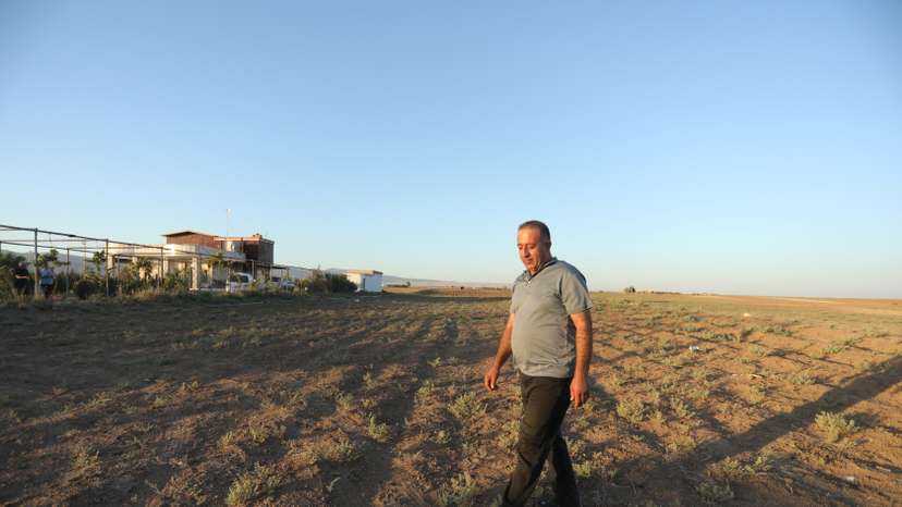 Abbas Othman walks in his dry land, in Qamishli