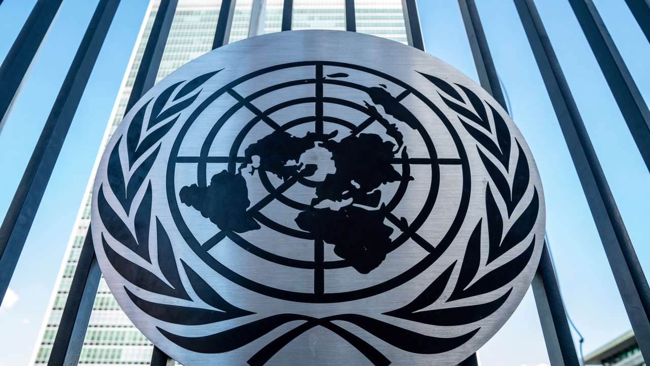 The official emblem of the United Nations at the United Nations Headquarters