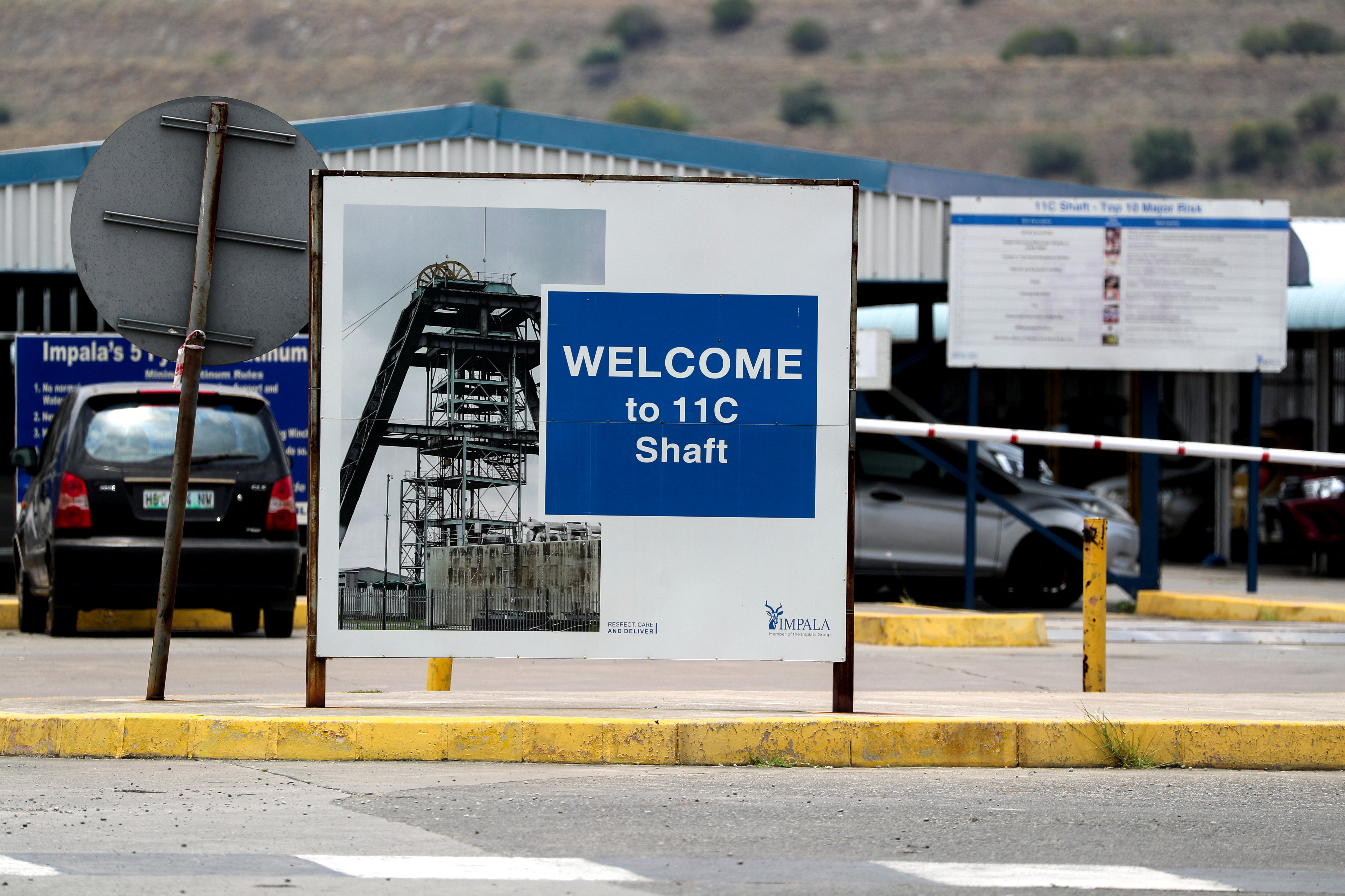 A sign showing the entrance to Shaft 11 at Impala Platinum Mine, in Rustenburg