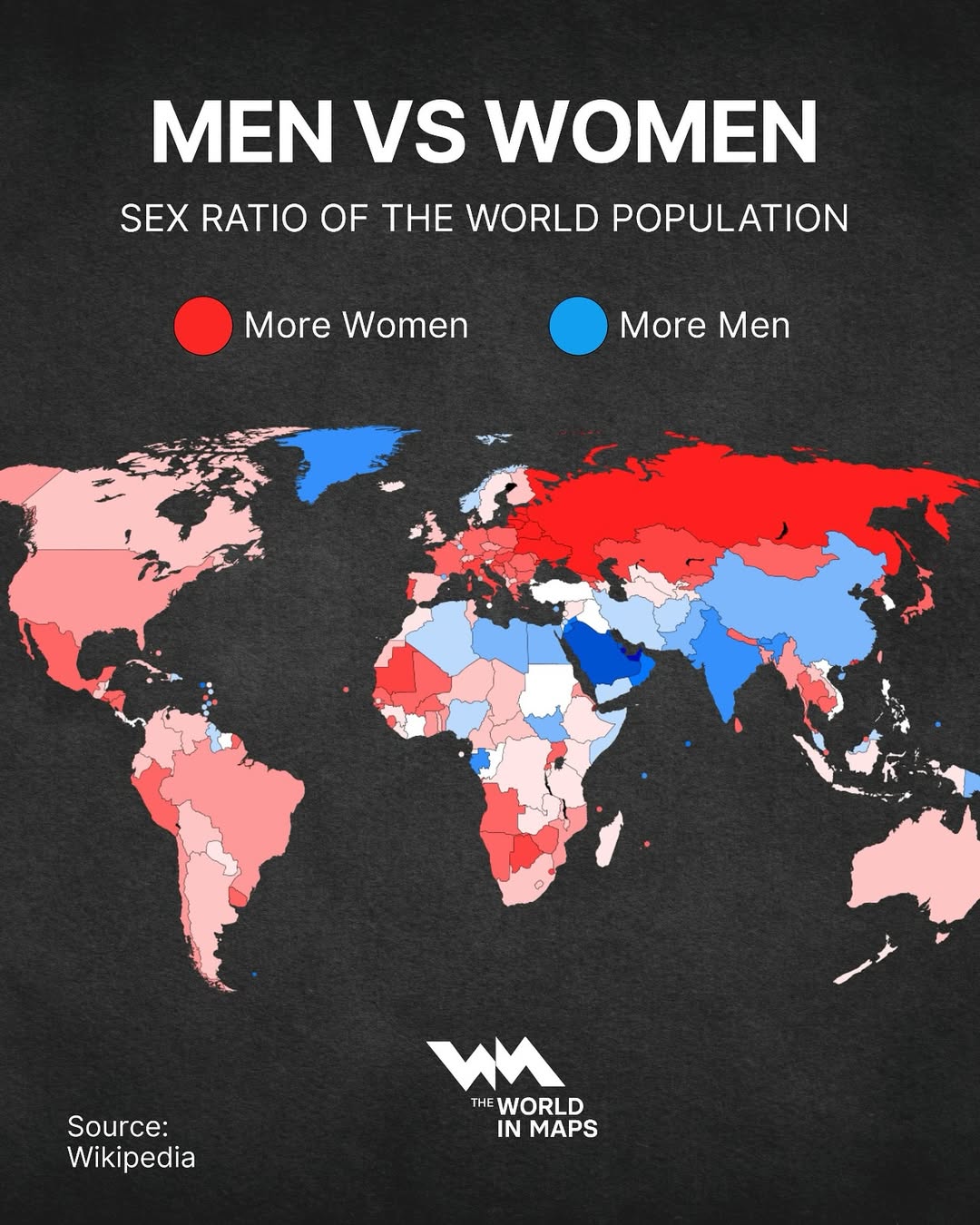 This map illustrates the sex ratio of the world population, showing where there are more women (