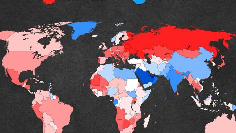 This map illustrates the sex ratio of the world population, showing where there are more women (