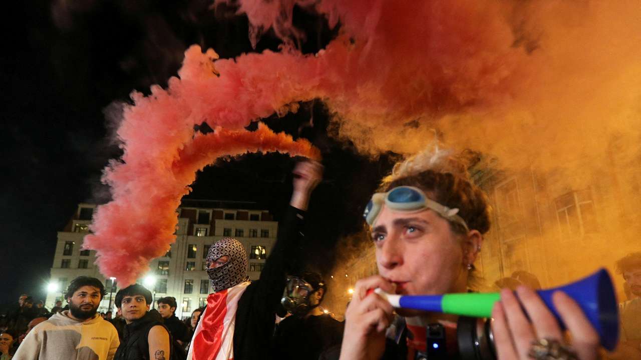 FILE PHOTO: People protest against the "foreign agents" bill in Tbilisi