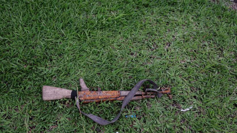 An abandoned rifle that belong to the Armed Forces of the Democratic Republic of Congo (FARDC) lie at the Goma airport