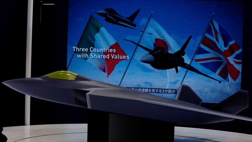 A concept model of the Global Combat Air Programme (GCAP)'s fighter jet is displayed at the DSEI Japan defense show at Makuhari Messe in Chiba