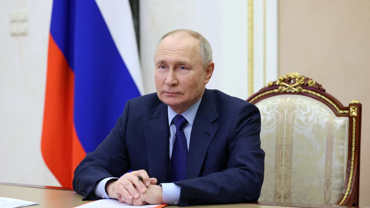 Russian President Putin chairs a meeting with members of the Security Council via video link in Moscow
