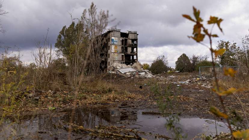 A heavily damaged residential building in Avdiivka