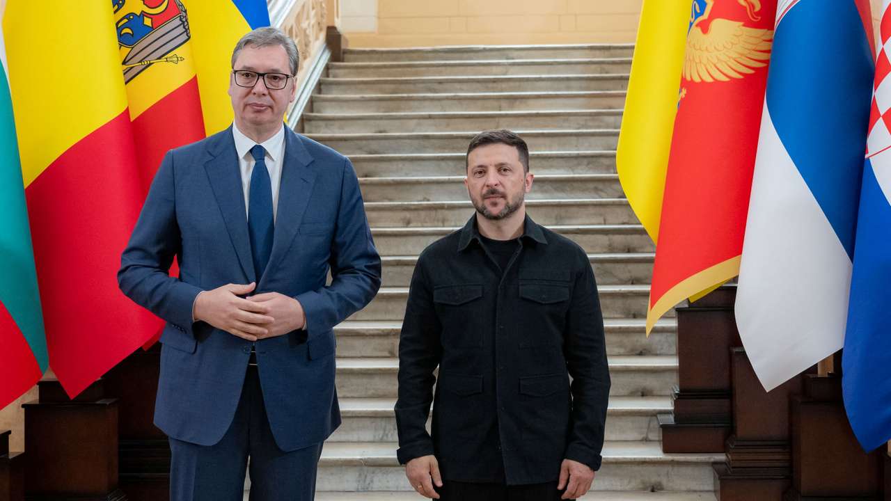 Ukraine's President Zelenskiy and Serbian President Vucic pose for a picture during the Fourth Ukraine–Southeast Europe Summit in Odesa