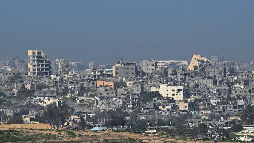 Buildings lie in ruin in Gaza, amid the ongoing conflict between Israel and the Palestinian Islamist group Hamas, as seen from Israel