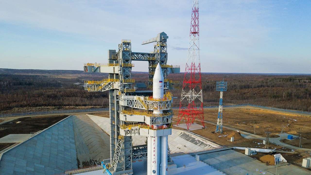 Angara-A5 rocket is seen on its launchpad at the Vostochny Cosmodrome