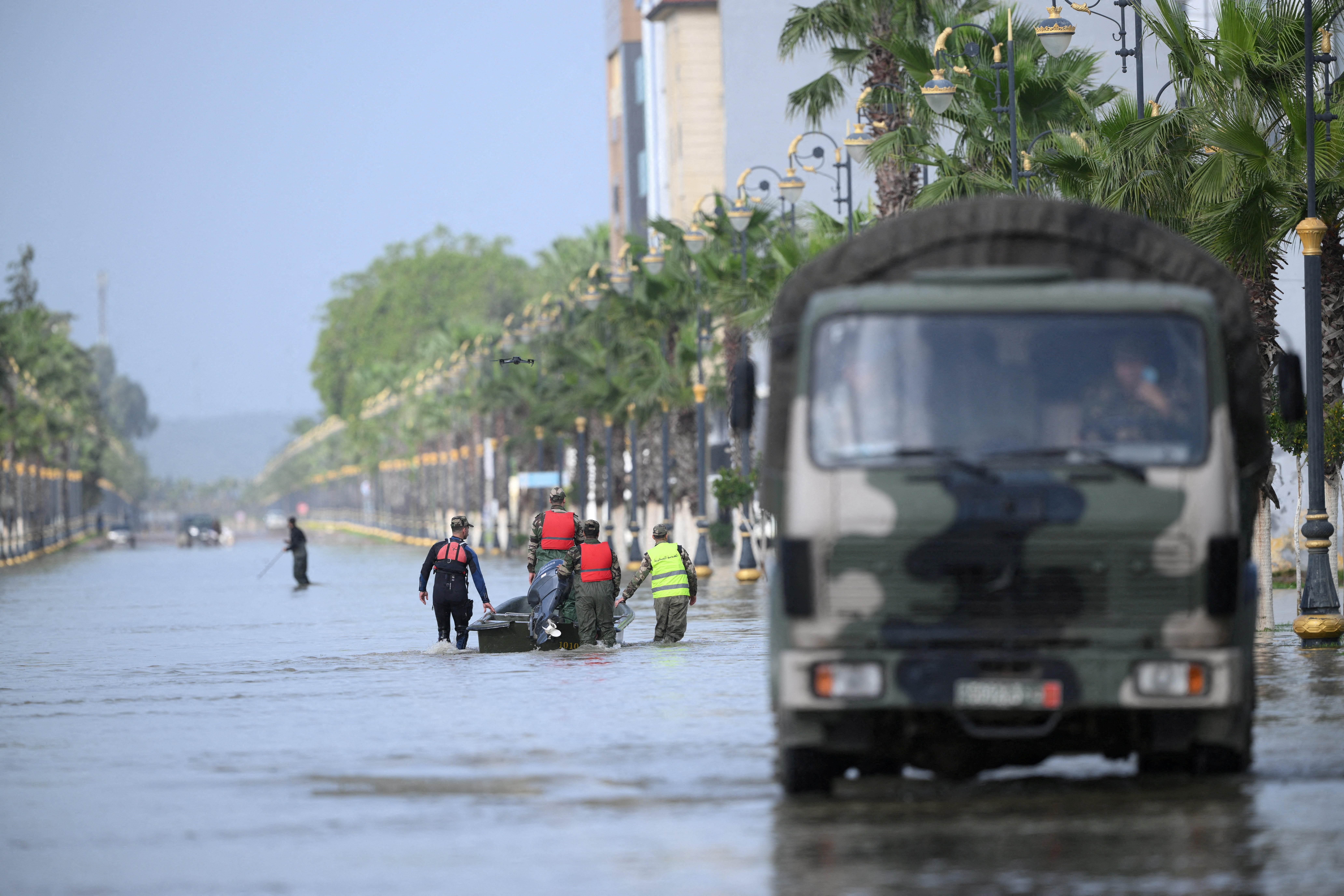 FILE PHOTO: Royal Armed Forces and civil authorities work together to address flooding risks amid rising waters in the Loukkos River, in Ksar El Kebir