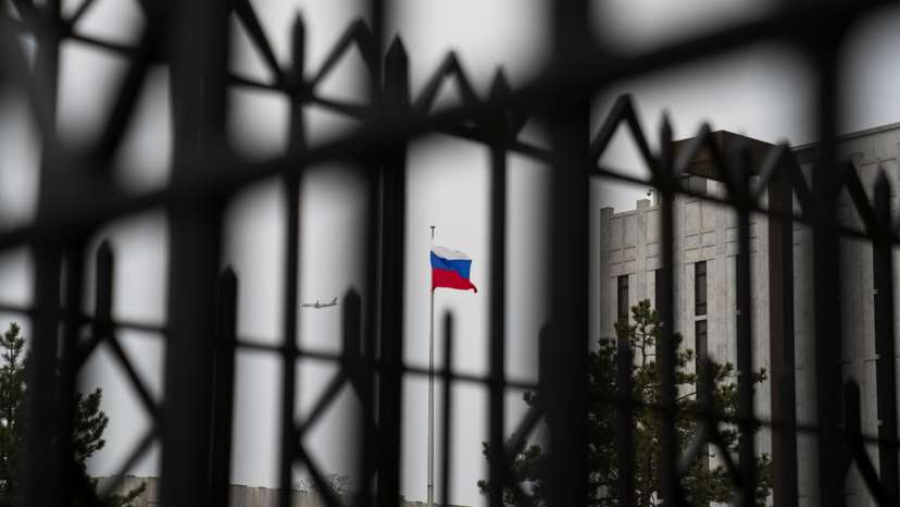 The Russian Embassy, as President Biden announces new sanctions on Russia, in Washington