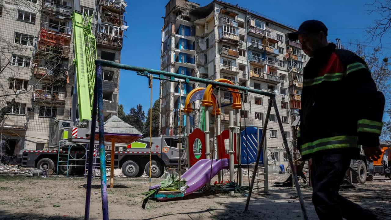 FILE PHOTO: Apartment building damaged during Russian drone and missile strikes, in Kyiv