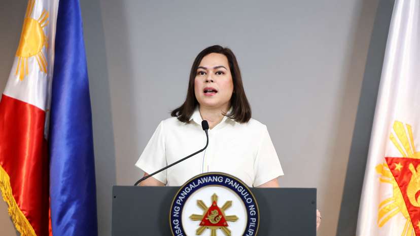 Philippine Vice President Sara Duterte delivers a statement following her impeachment by the lower house of the Congress