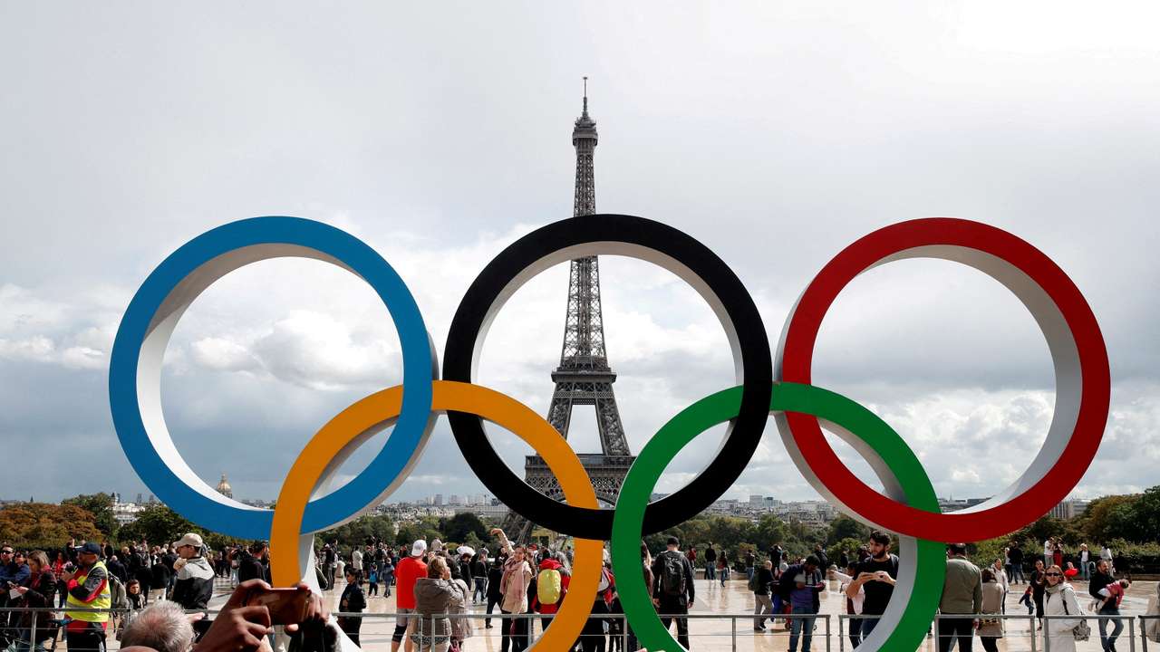 FILE PHOTO: Olympic rings to celebrate the IOC official announcement that Paris won the 2024 Olympic bid are seen in front of the Eiffel Tower at the Trocadero square in Paris