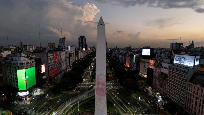 An image of Pope Francis is displayed with a digital video-mapping at the Obelisco