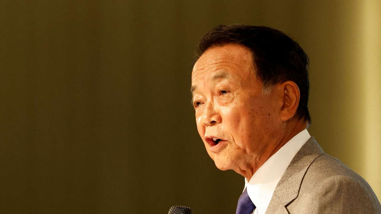 FILE PHOTO: Japan's Former Prime Minister and current Vice-President of the ruling Liberal Democratic Party, Taro Aso, speaks during the Ketagalan Forum in Taipei