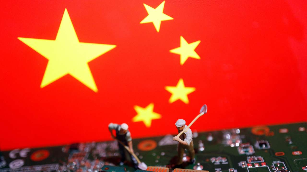 Illustration picture of semiconductor chips and Chinese flag