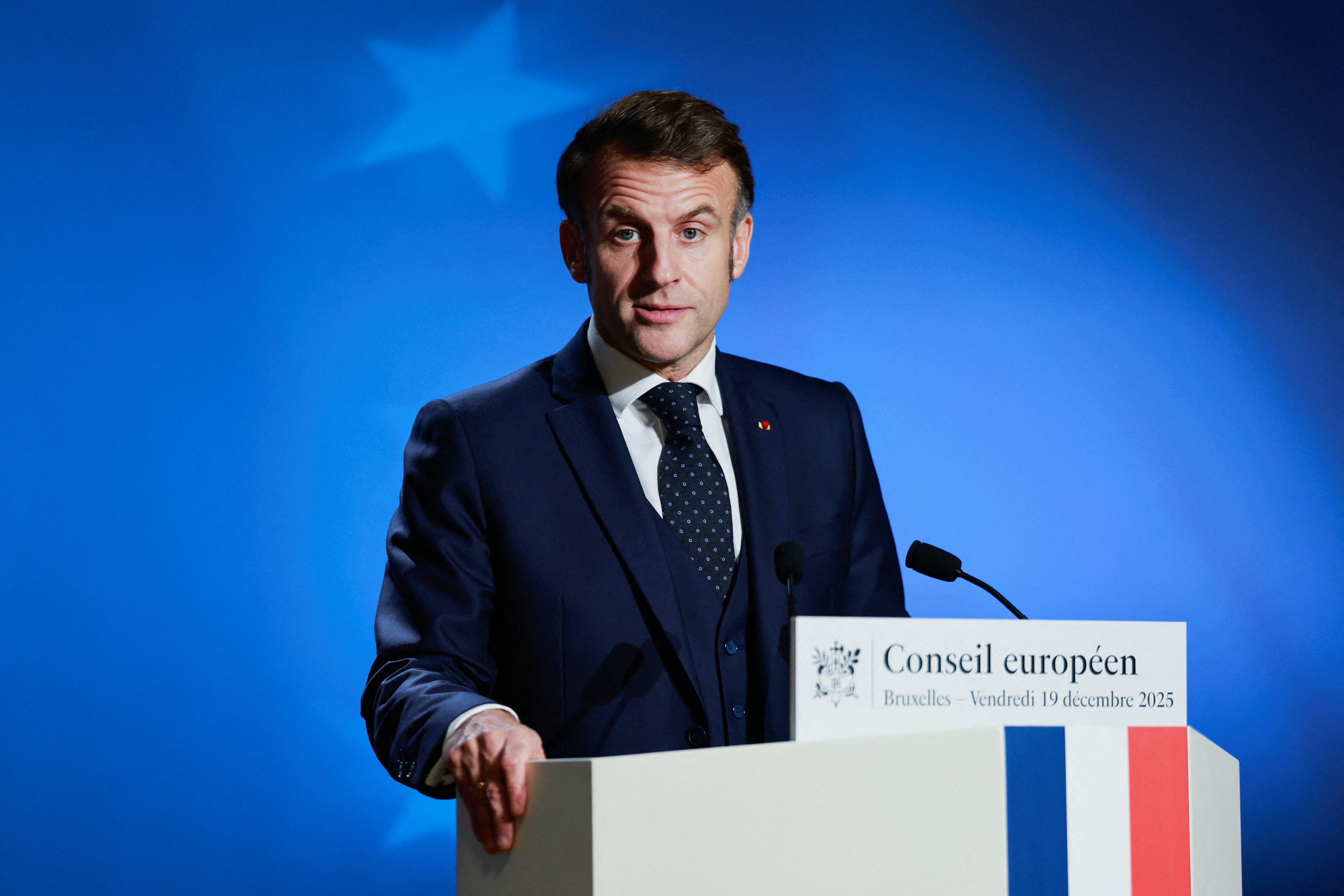 French President Emmanuel Macron holds a press conference during a European Union leaders' summit, in Brussels