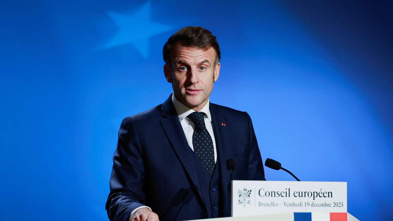 French President Emmanuel Macron holds a press conference during a European Union leaders' summit, in Brussels