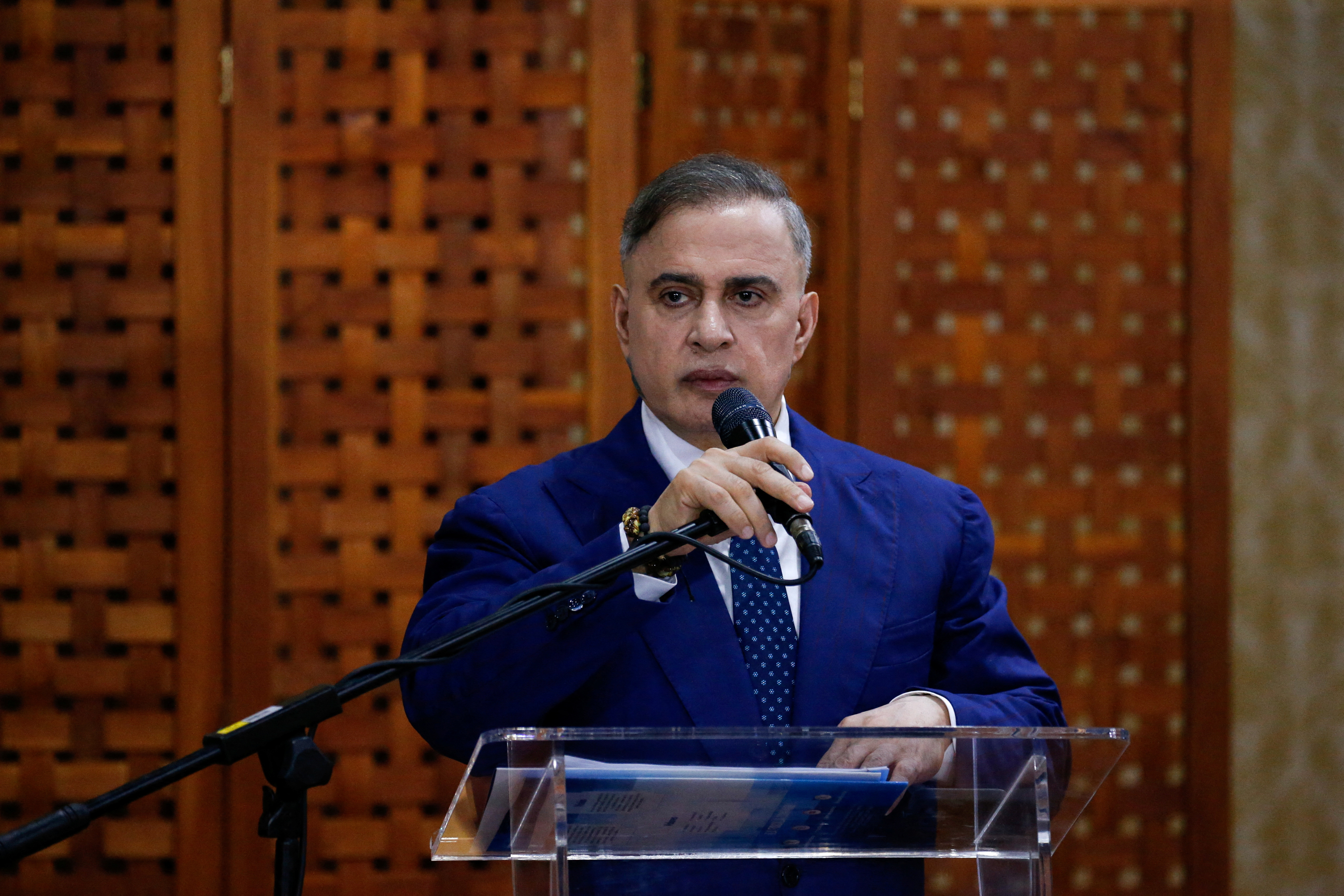 Venezuela's Foreign Minister Gil Pinto and Venezuela's Attorney General Saab meet with members of the diplomatic corps accredited to Venezuela