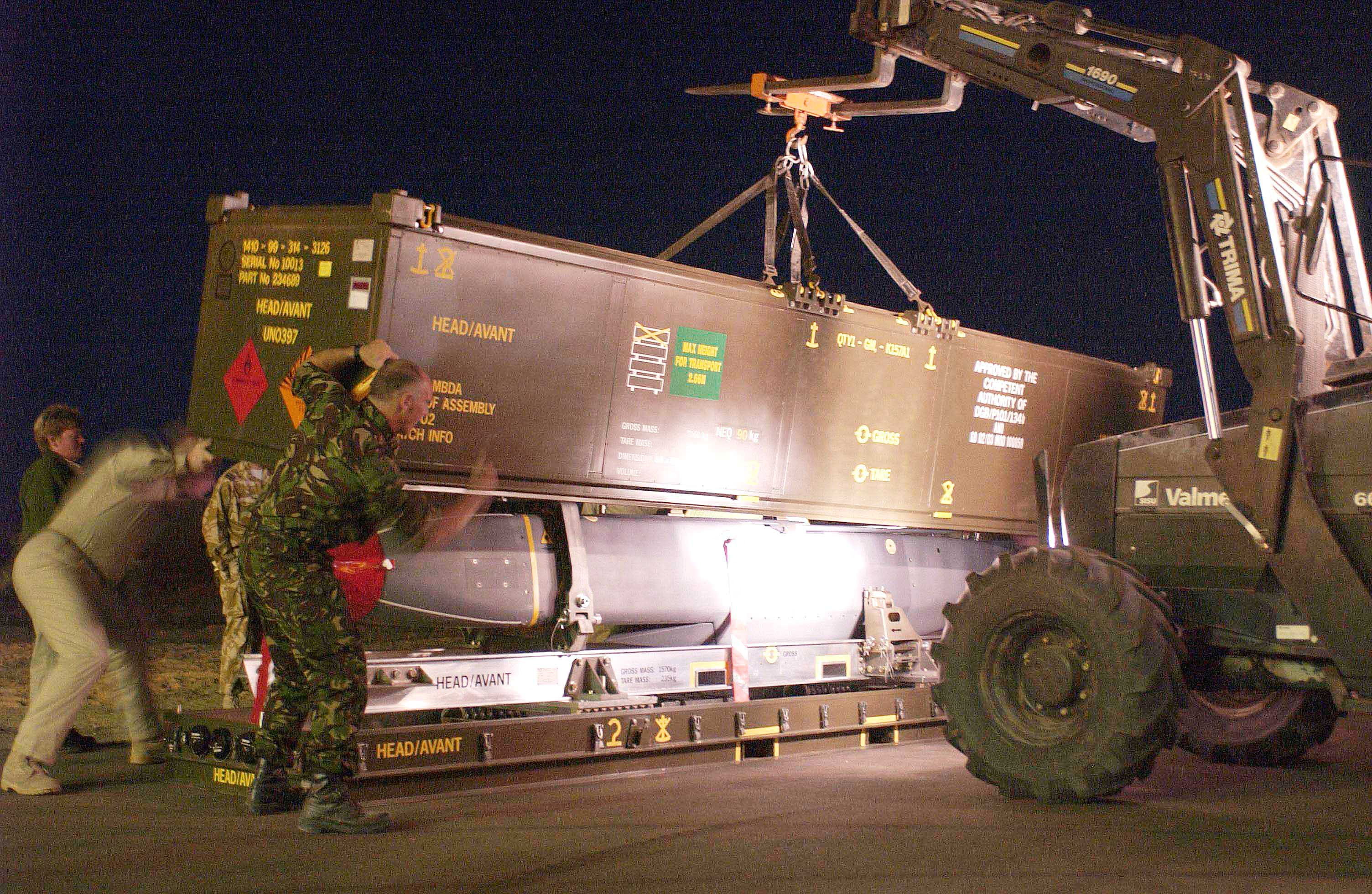 FILE PHOTO: A STORM SHADOW MISSILE IS PREPARED FOR LOADING ON TO AN RAF TORNADO GR4AIRCRAFT IN THE GULF.