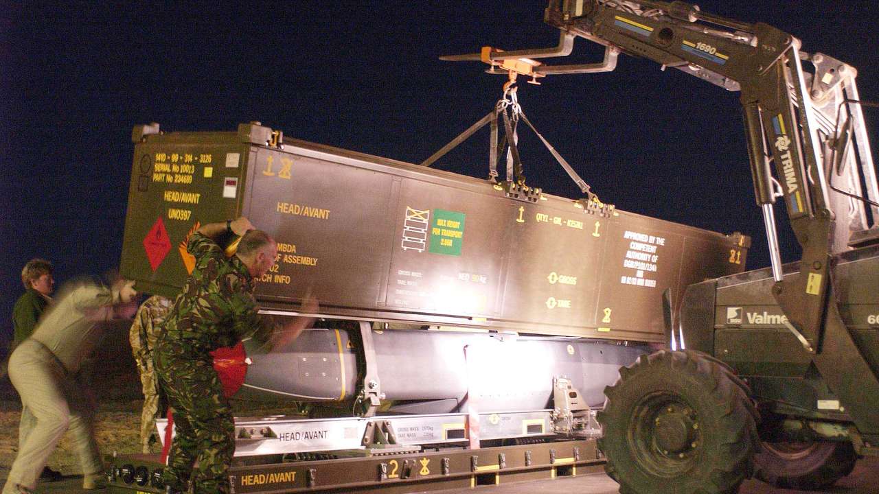 FILE PHOTO: A STORM SHADOW MISSILE IS PREPARED FOR LOADING ON TO AN RAF TORNADO GR4AIRCRAFT IN THE GULF.
