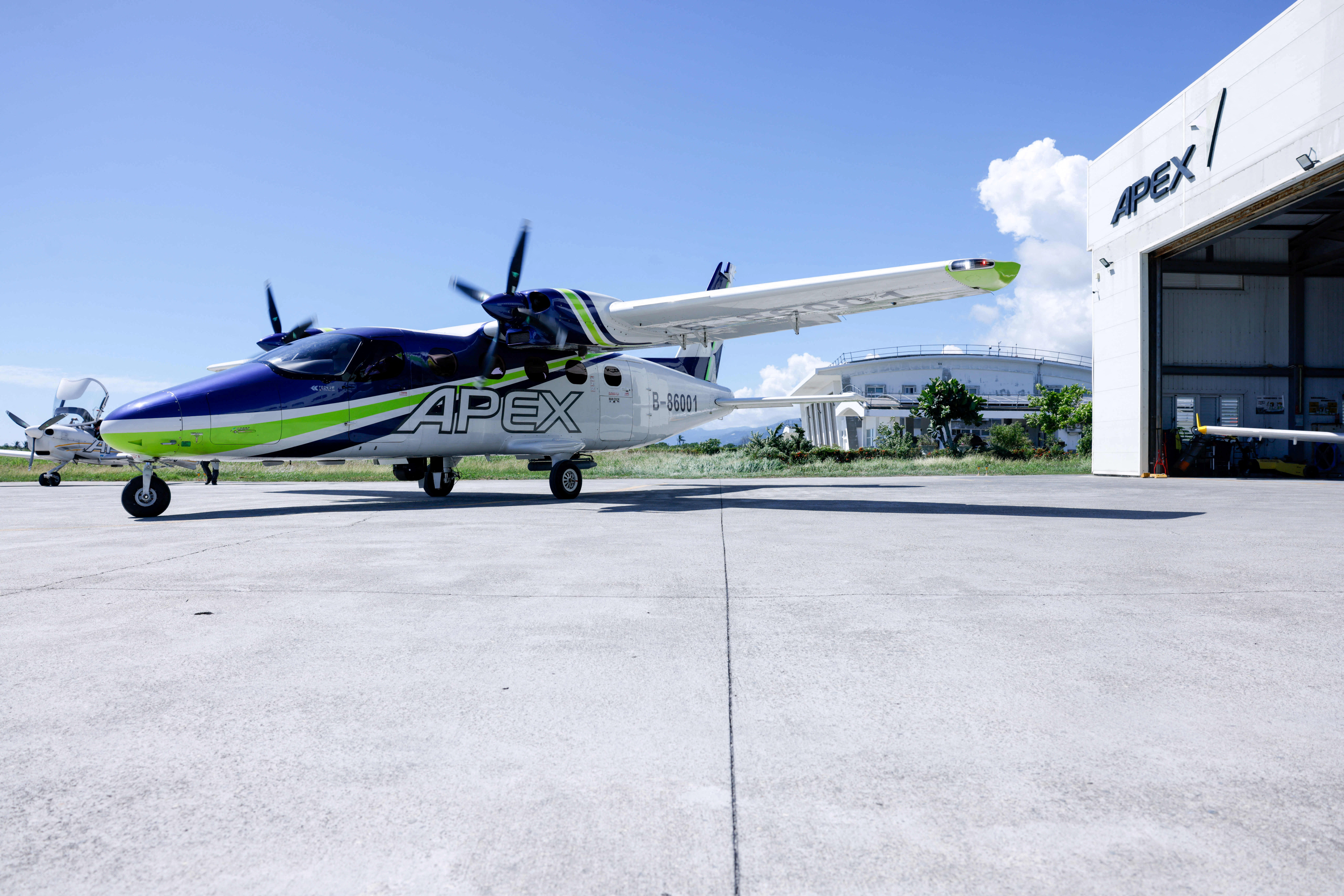 An APEX aircraft equipped with a synthetic aperture radar made by U.S. company IMSAR and short-wave infrared sensors from Teledyne FLIR prepares to take off in Taitung