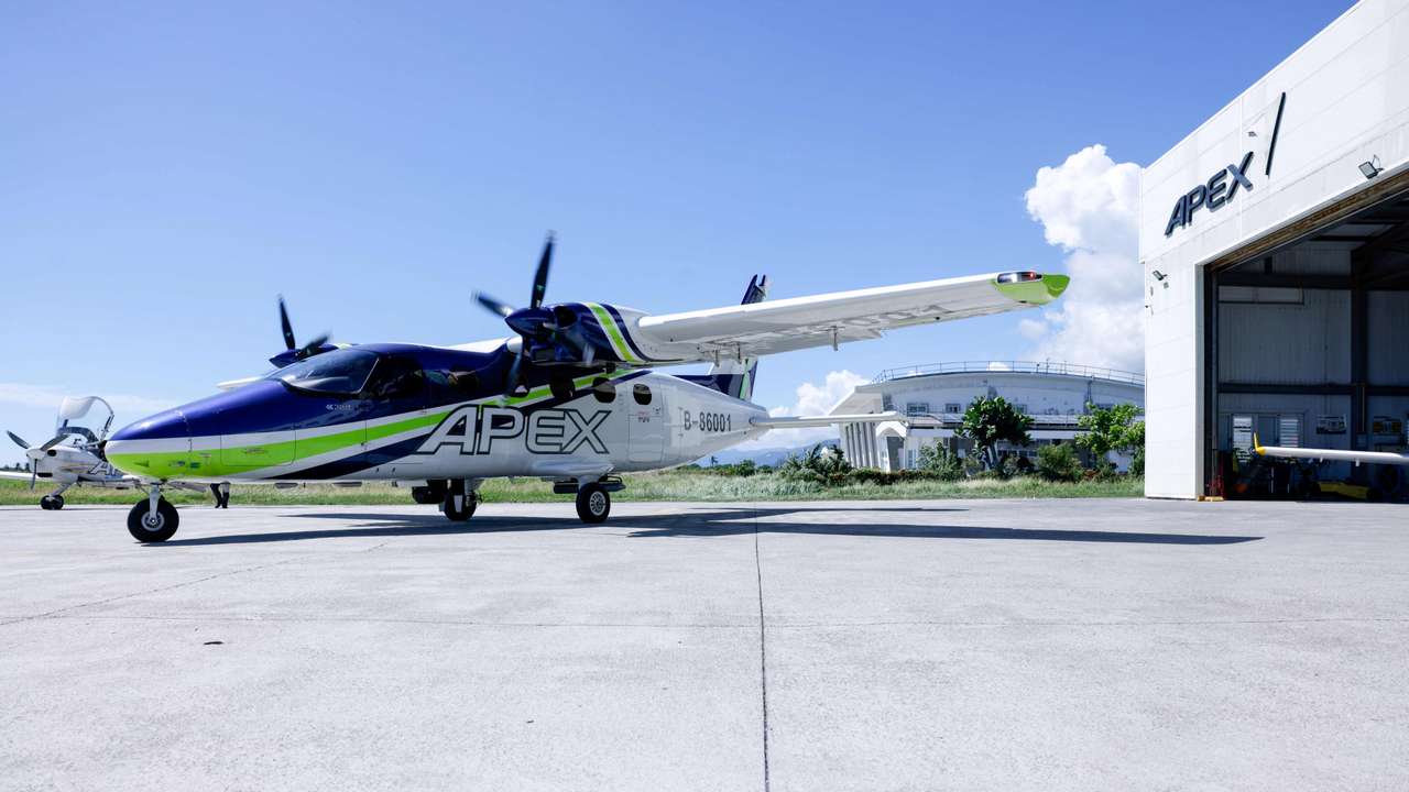 An APEX aircraft equipped with a synthetic aperture radar made by U.S. company IMSAR and short-wave infrared sensors from Teledyne FLIR prepares to take off in Taitung