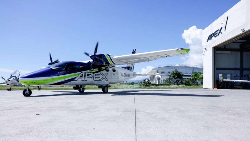 An APEX aircraft equipped with a synthetic aperture radar made by U.S. company IMSAR and short-wave infrared sensors from Teledyne FLIR prepares to take off in Taitung