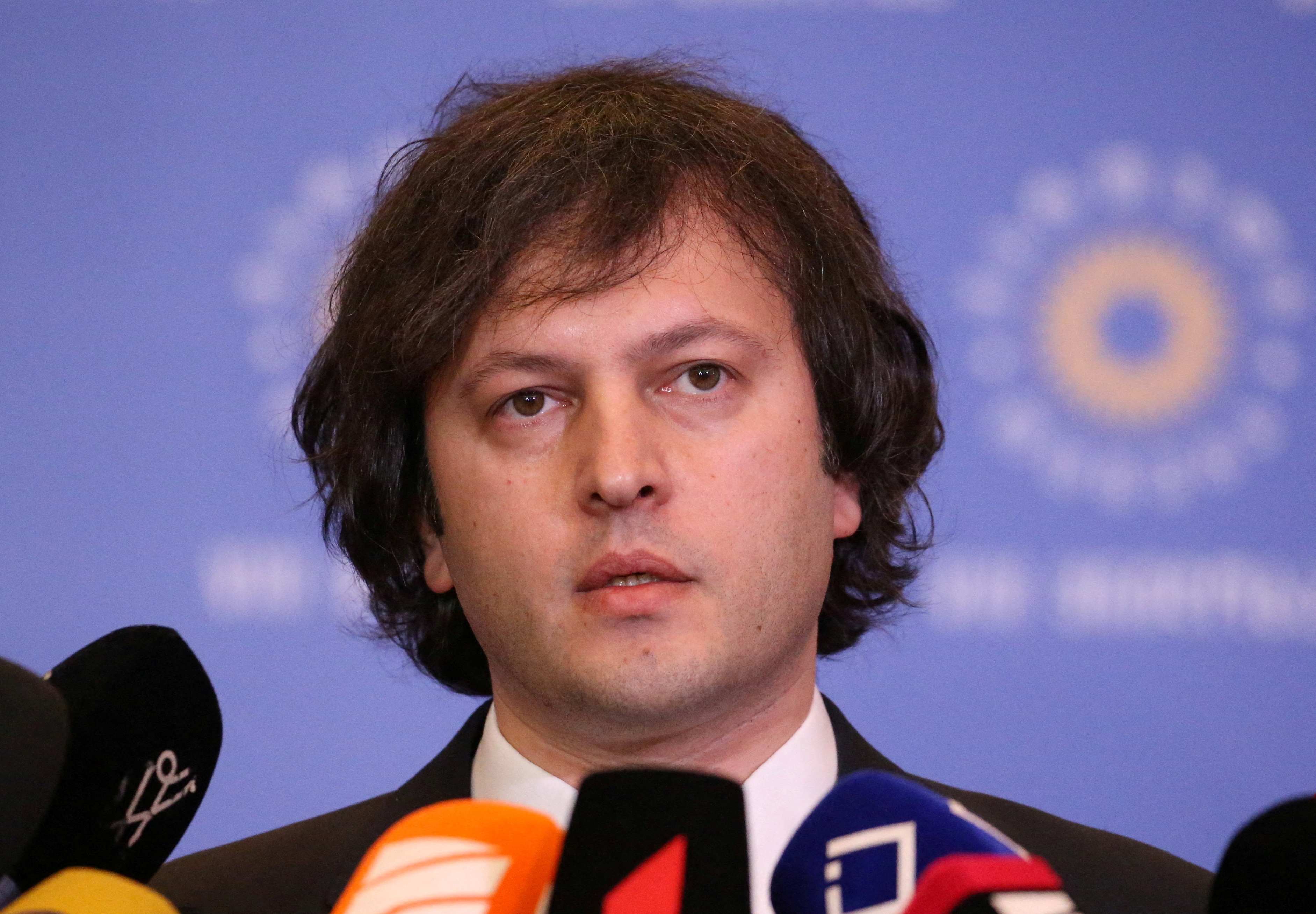 FILE PHOTO: Irakli Kobakhidze, nominated by the ruling Georgian Dream party for the post of prime minister, talks to journalists in Tbilisi